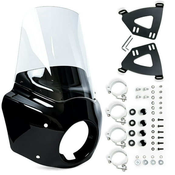 Krator Motorcycle Windshield & Fairing Complete Kit, Road Warrior Windshield, Compatible with Harley Davidson Dyna and Softail, Motorcycle Accessories, Glossy Black and Clear Windscreen, 15" Height