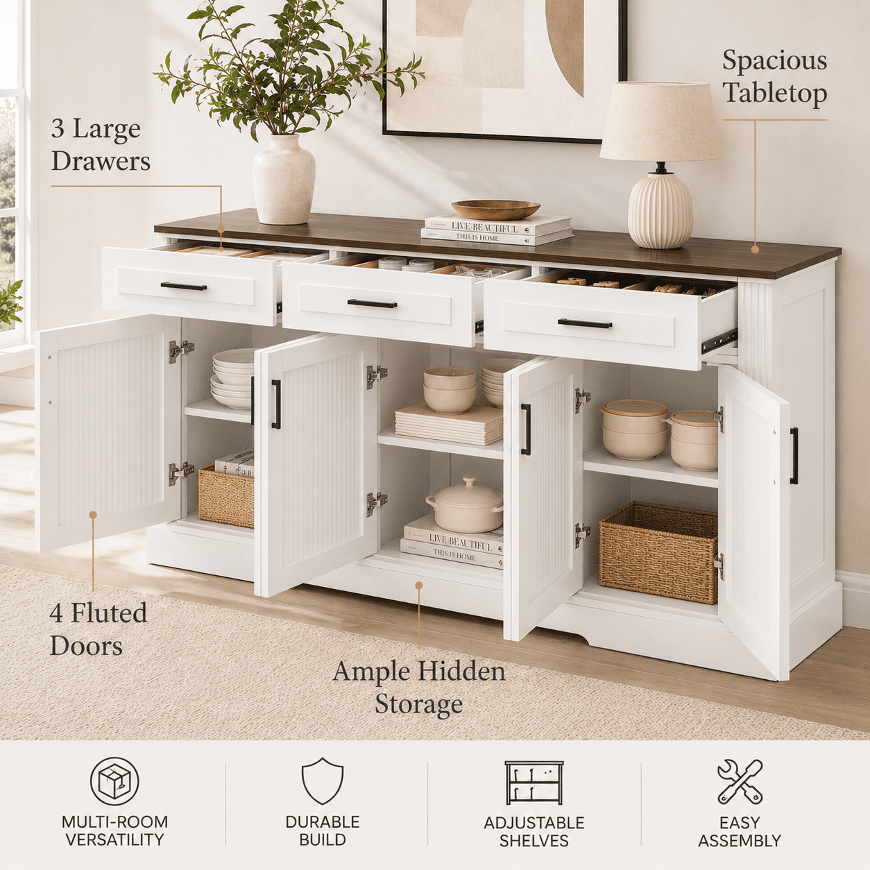 Aukfa 63" Fluted Sideboard Buffet Cabinet with 4 Doors, 3 Drawers, Adjustable Shelves, Kitchen Storage Cabinet,White