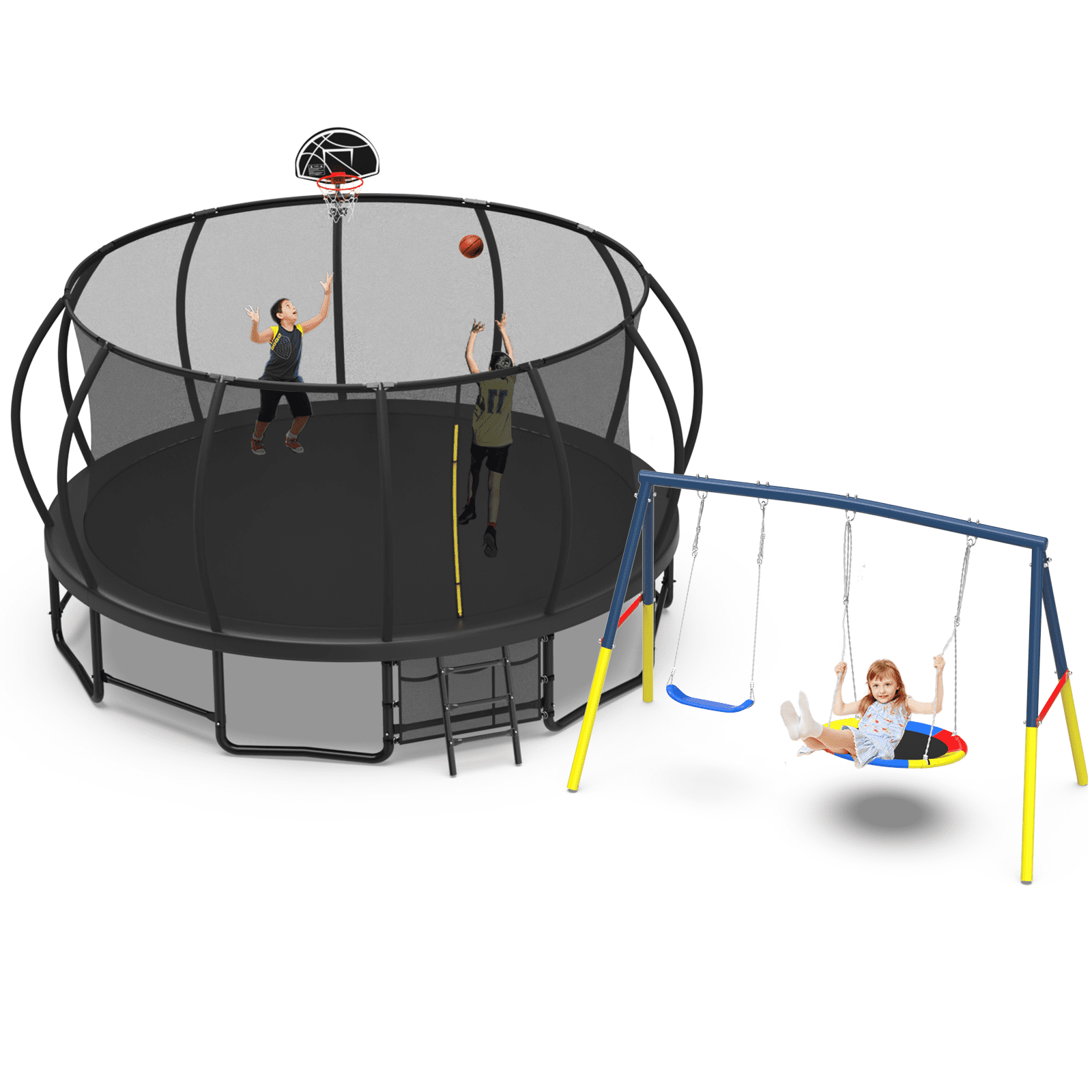 Mersco 16FT Heavy Duty  Outdoor Trampoline with Enclosure Net and Swing Set for Backyard,with Basketball Hoop, Kids Birthday and Festival Gifts,Black