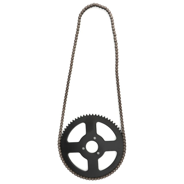 Sprocket Chain, Moto Chain, sturdy pocket bike ATV chain and sprocket set for electric tricycles, mini motos, and ATVs. Includes a 25H chain with 144 links and a steel alloy sprocket, approximately 140mm (5.5 inches) in diameter. Ideal for electric bike conversion kits, durable and easy to install.