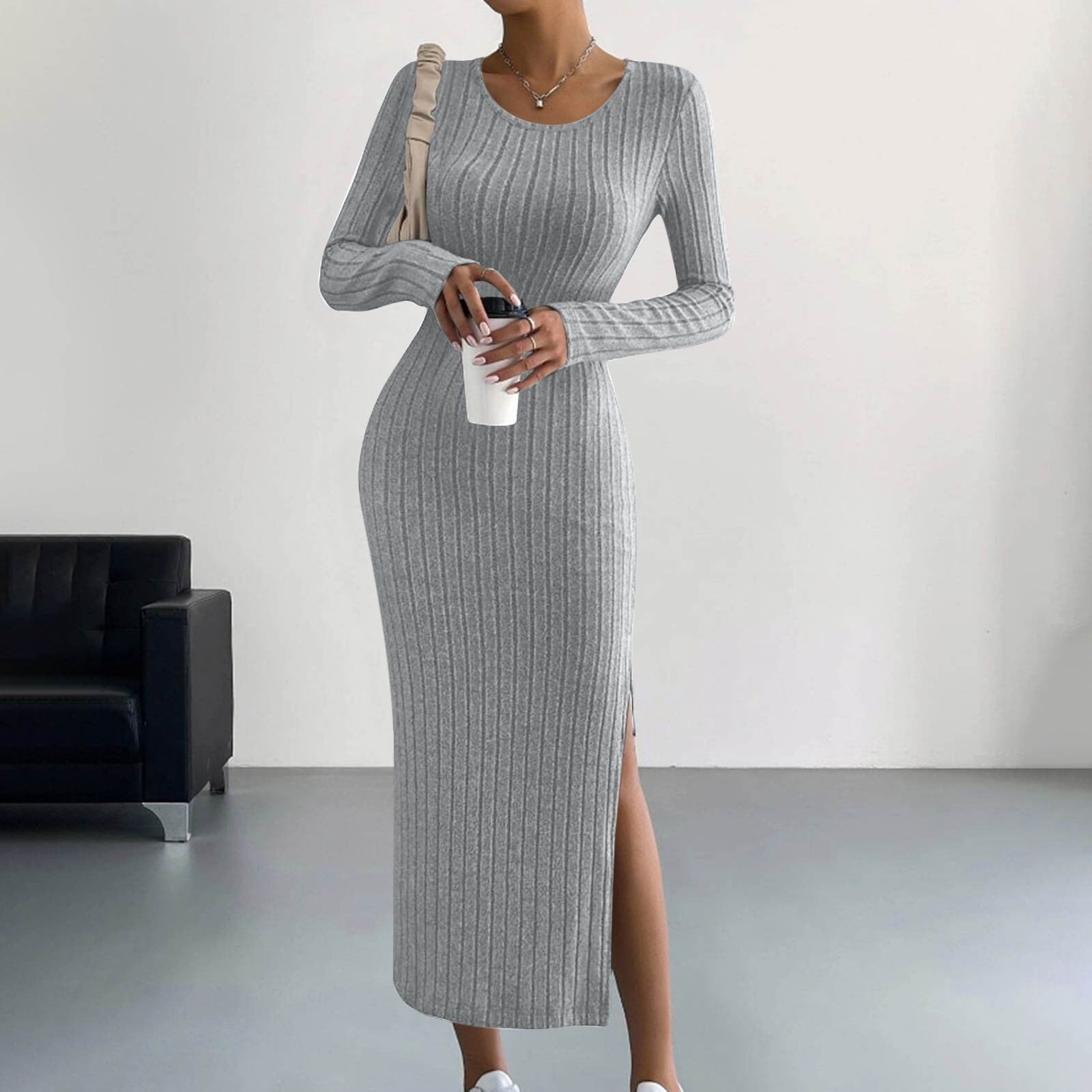 Meichang Women's Bodycon Maxi Sweater Dress Long Sleeve Crew Neck Ribbed  Knit Pullover Sweater Dresses Fall Slim Fit Slit Hem Cocktail Party Dress -  Walmart.com