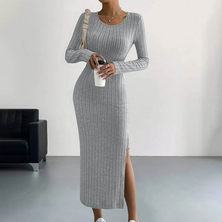 Meichang Women's Bodycon Maxi Sweater Dress Long Sleeve Crew Neck Ribbed  Knit Pullover Sweater Dresses Fall Slim Fit Slit Hem Cocktail Party Dress -  Walmart.com