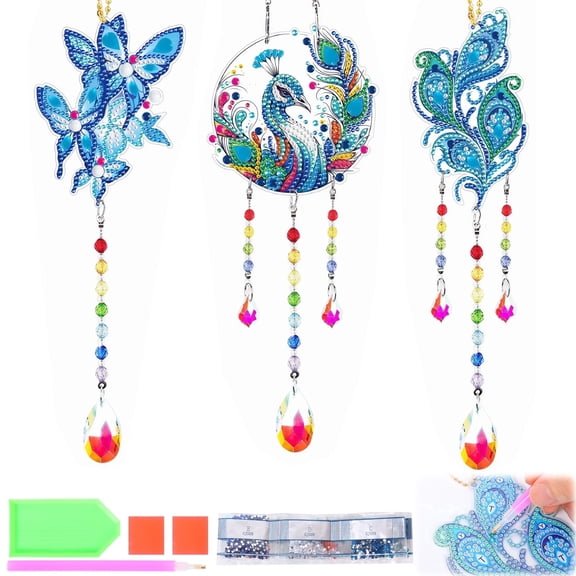 Diamond Art Hanging Kit, 3Pcs Double-Sided Crystal Suncatcher Painting Set with Wind Chimes & Chains, Diy Crafts for Windows and Garden Decor