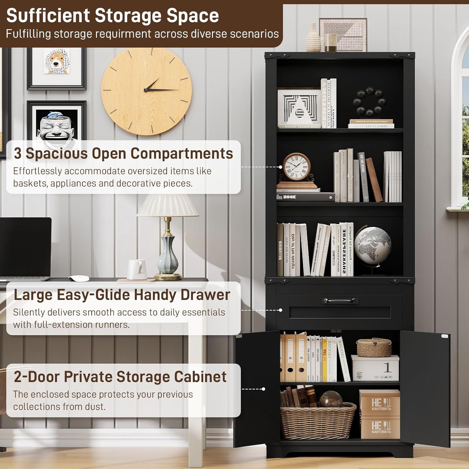 Vabches 67" Tall Bookcases with Drawer and Doors, 5-Tier Farmhouse Bookshelf, Bookcase for Living Room Home Office