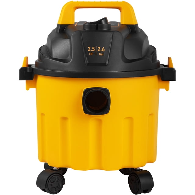 KFFKFF Wet and Dry Vacuum, a versatile 2.6-gallon shop vacuum with 2.5 peak horsepower, shown in black and yellow. Features a compact design with attachment storage, rolling wheels, and a top handle for portability. Includes blowing capability, ETL certification, and suitability for outdoor cleaning tasks.