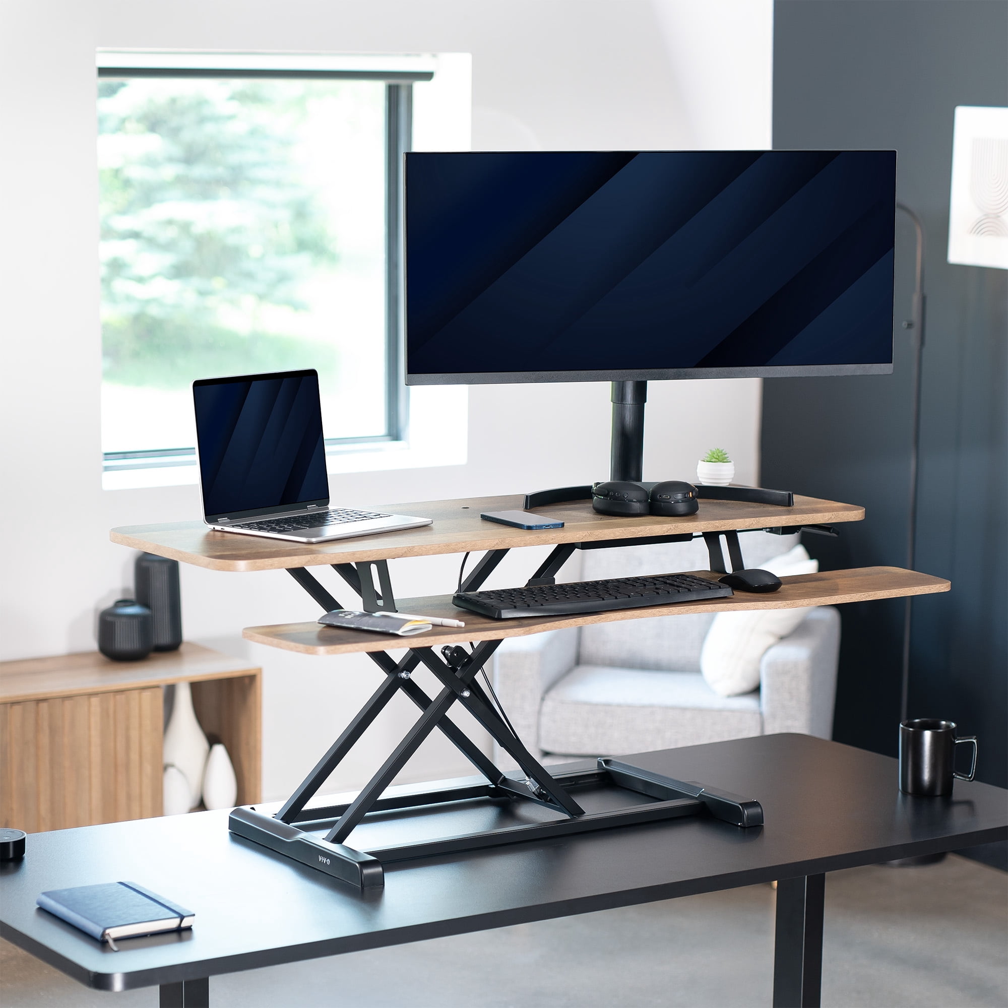 VIVO Reclaimed Wood Height Adjustable 48" Standing Desk Riser Sit Stand Tabletop