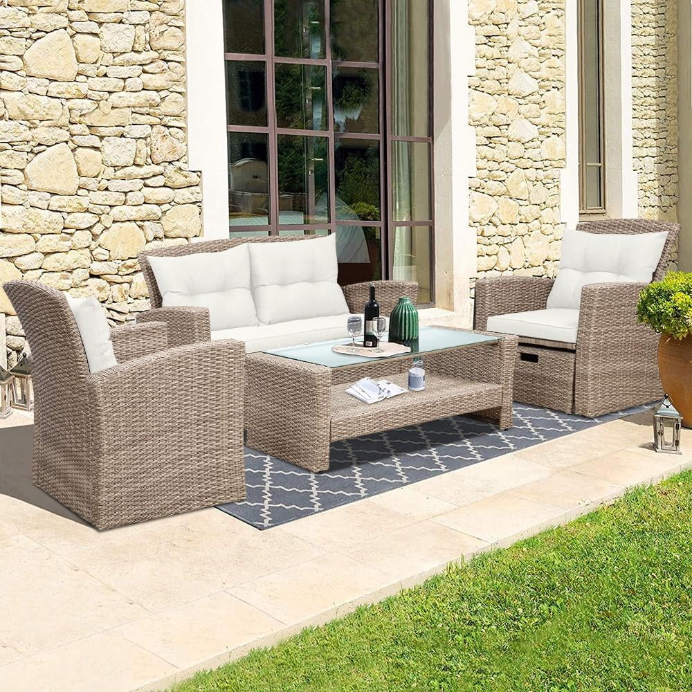 SEGMART 6 Piece Outdoor Patio Furniture Sets, All-Weather Rattan Conversation Set with Ottoman & Cushions, Outdoor Sectional Wicker Set for Backyard, Deck, Poolside, Beige