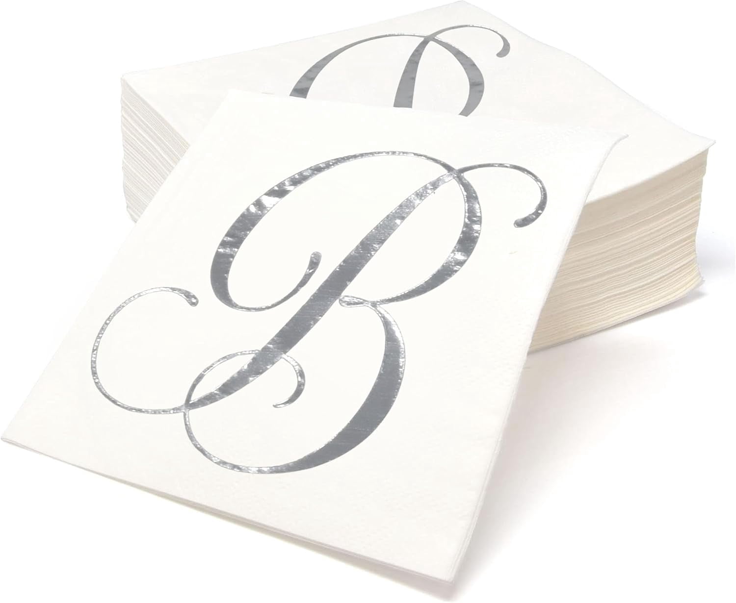 Gift Boutique 100 Silver Monogram Cocktail Napkins Letter B Disposable Paper Pack Elegant Metallic Silver Foil Hand Napkin for Powder Room Wedding Holiday Birthday Party Baby Shower Decorative Towels