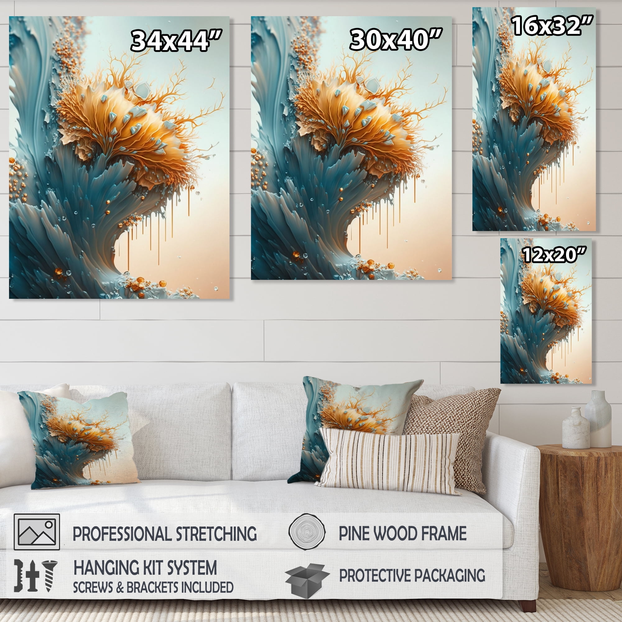 Designart Abstract Blue And Gold Leaves I Canvas Wall Art