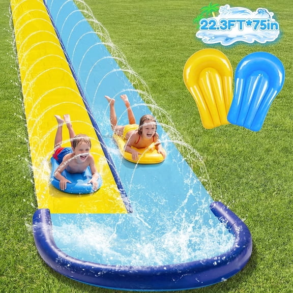 Teblint 22.3FT Double Lawn Water Slides, Heavy Duty Water Slip Splash Pad with Built in Sprinkler & 2 Bodyboards for Backyard Outdoor Water Fun Toys for Kids Adults