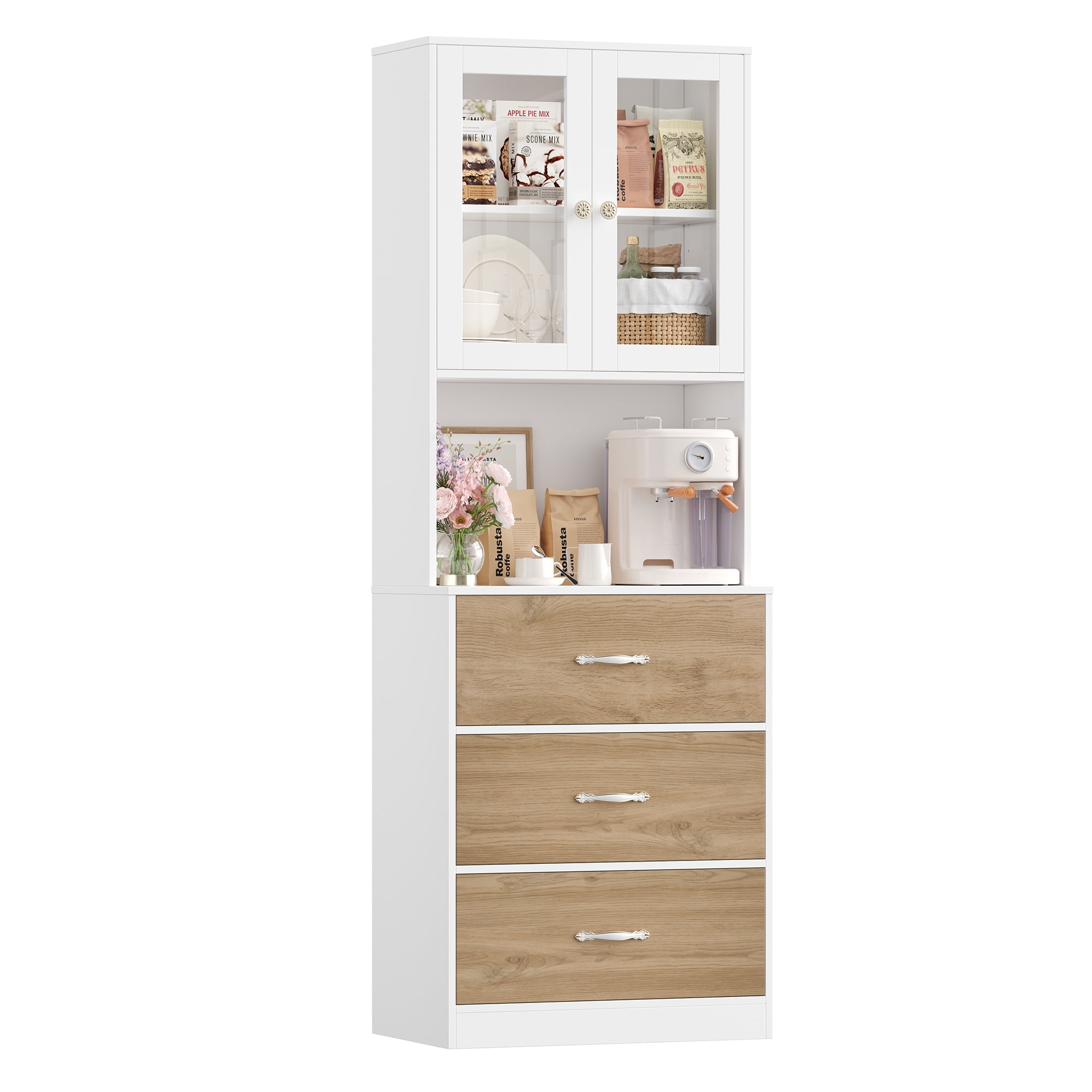 Homfa 71" Tall Kitchen Pantry Cabinet, Freestanding Storage Cupboard with Glass Doors, 3 Drawers & Adjustable Shelves, Modern Coffee Bar Cabinet for Kitchen Dining Room Living Room White Khaki