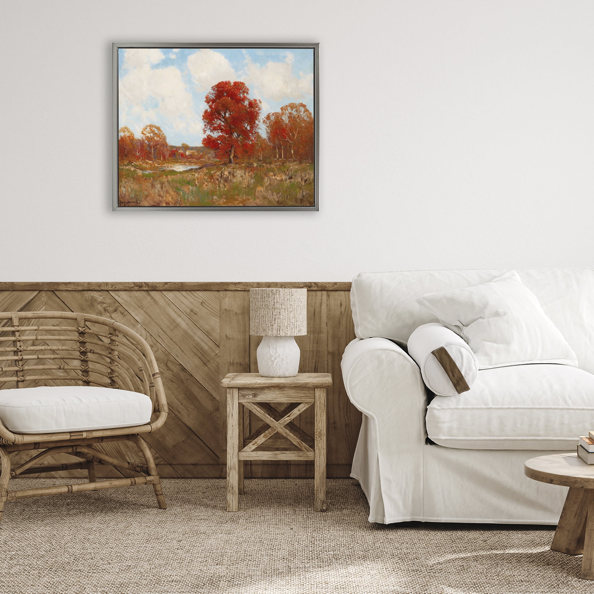 Fall Landscape with Red Foliage Gray Framed Floater Canvas Wall Art, design by Arlington Prints