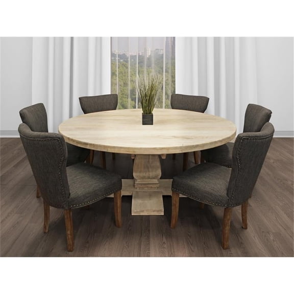 Benedict 7-piece Dining Set -70" Round Table in White & 6 Dark Gray Linen Chairs