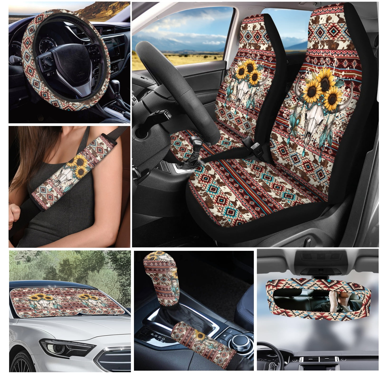 Yuyamidu Deer Car Seat Covers Set 16 PCS Sunflower Steering Wheel Cover Seat Belt Pads Coasters Southwest Aztec Rearview Mirror Cover Key Ring Car Window Shade Handbrake Gear Shift Knob Cover