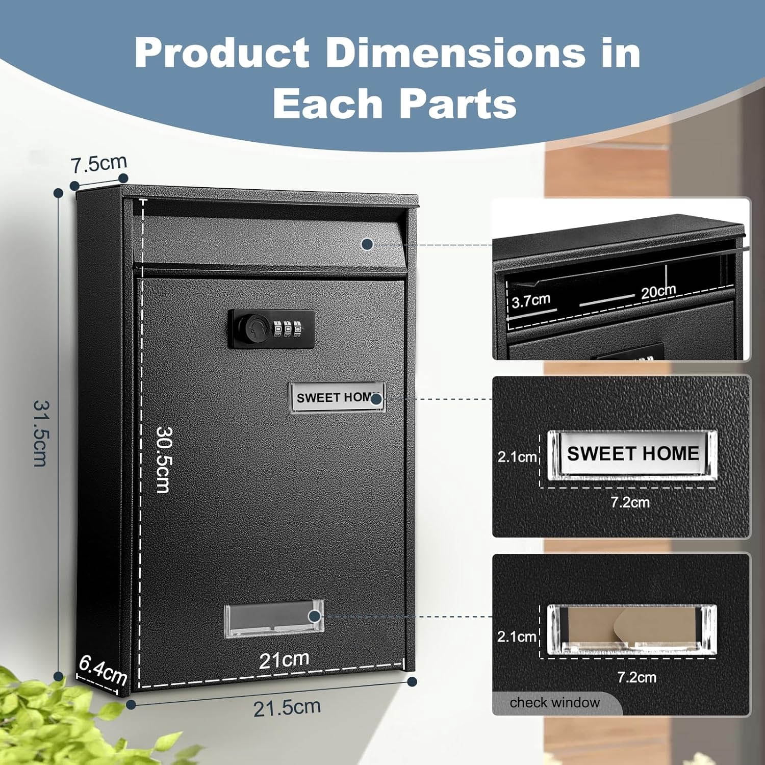 Wall-Mounted Mailbox with Combination Lock, Suggestion Box, Square & Upright Capacity, Waterproof Postbox, High Rust Resistance Letterbox, Metal Code Lock, Black