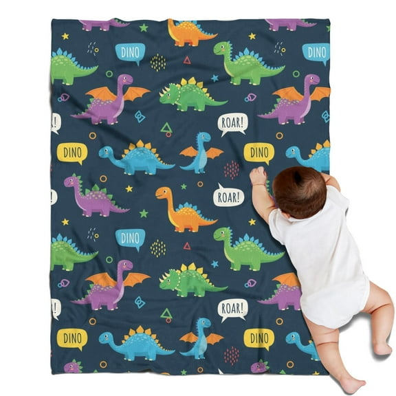 DarkBlue Cartoon Dinosaurs SpeechBubbles Pattern Blanket,Comfortable Soft Flannel Throw Blanket,All Season,Warm Lightweight Blankets for Sofa Bed Couch Living Room Chair,30"x40"