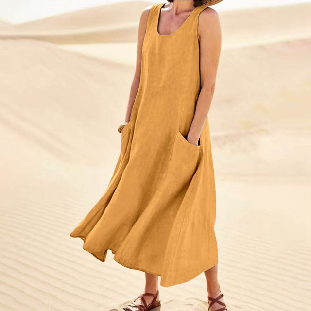 WILLBEST Vestidos Casuales para Mujer Vestido Largo Informal de Color Liso con Cuello Redondo y Bolsillos para Mujer Vestido sin Mangas Diario Chica