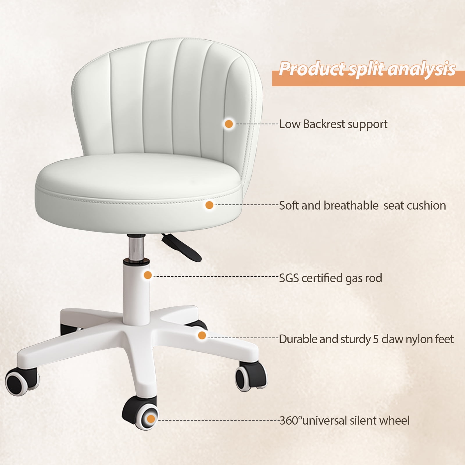 Small Round Rolling Chair with Back PU Leather Height Adjustable，Swivel Vanity Work Computer Stool for Girls and Women，White