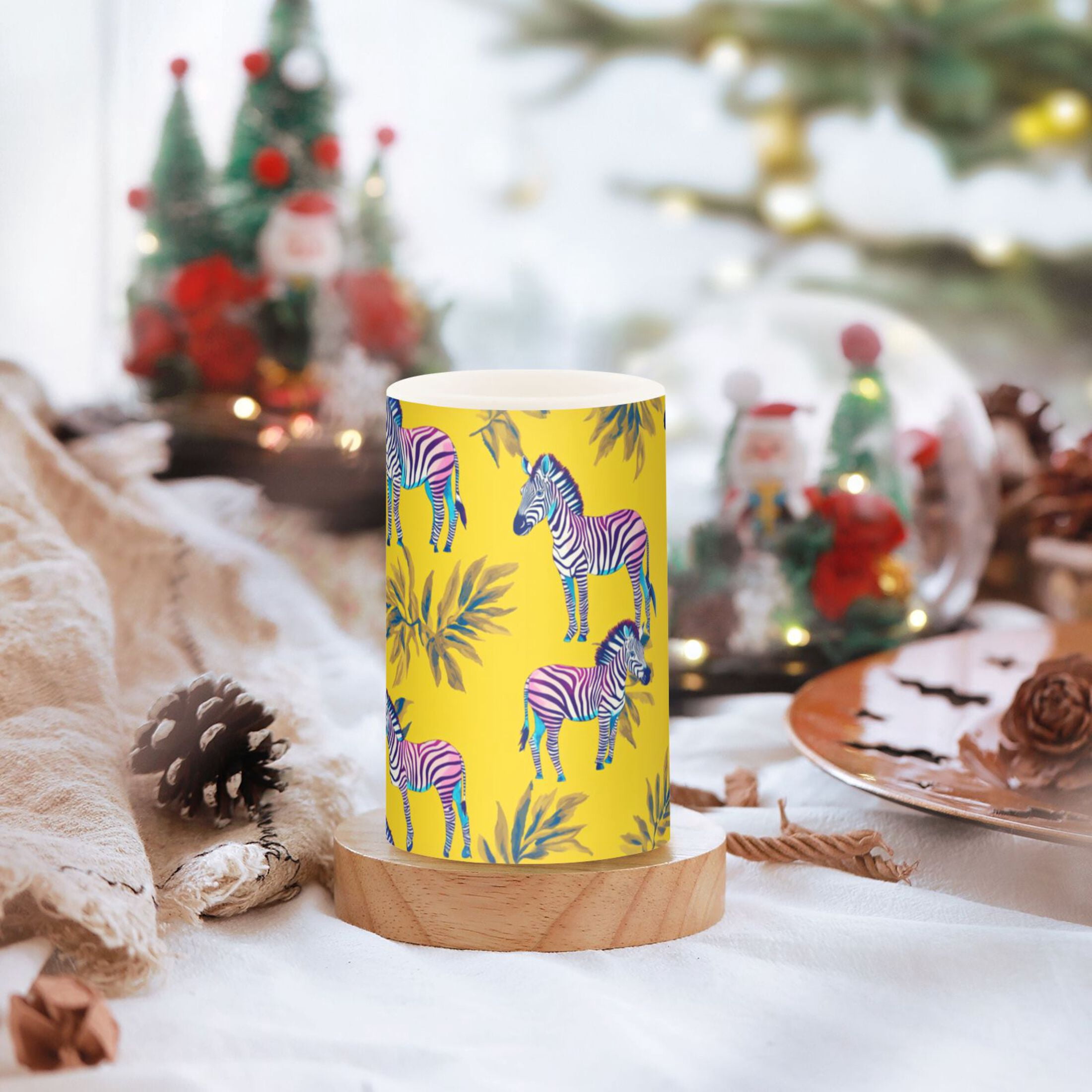 Zebra Print on Yellow Flickering Flameless Candles Battery Operated with Remote Timer LED Pillar Candles Set of 2