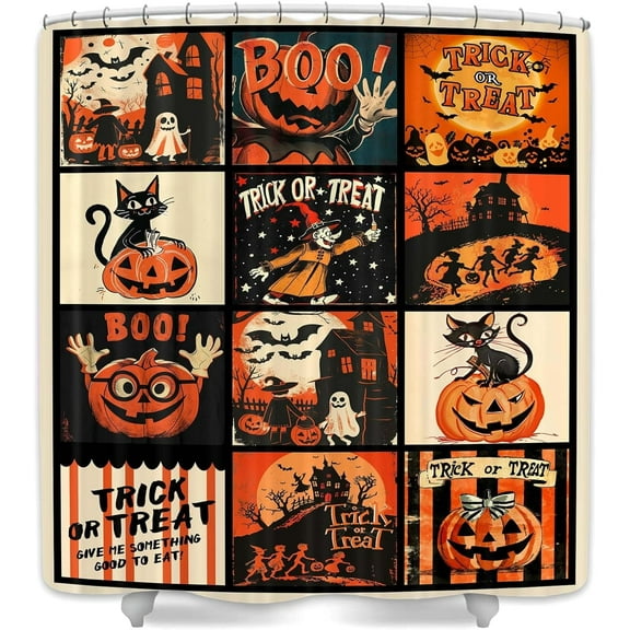 Vintage Halloween Shower Curtain Cool Gothic Black Cat Pumpkin Retro Halloween Bathroom Decor Aztec Shower Curtain with Hooks