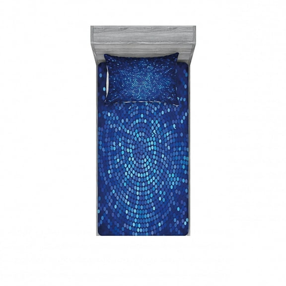 Ambesonne Abstract Fitted Sheet & Pillow Sham Set, Spiral Mosaic Dots, Twin, Navy and Violet Blue