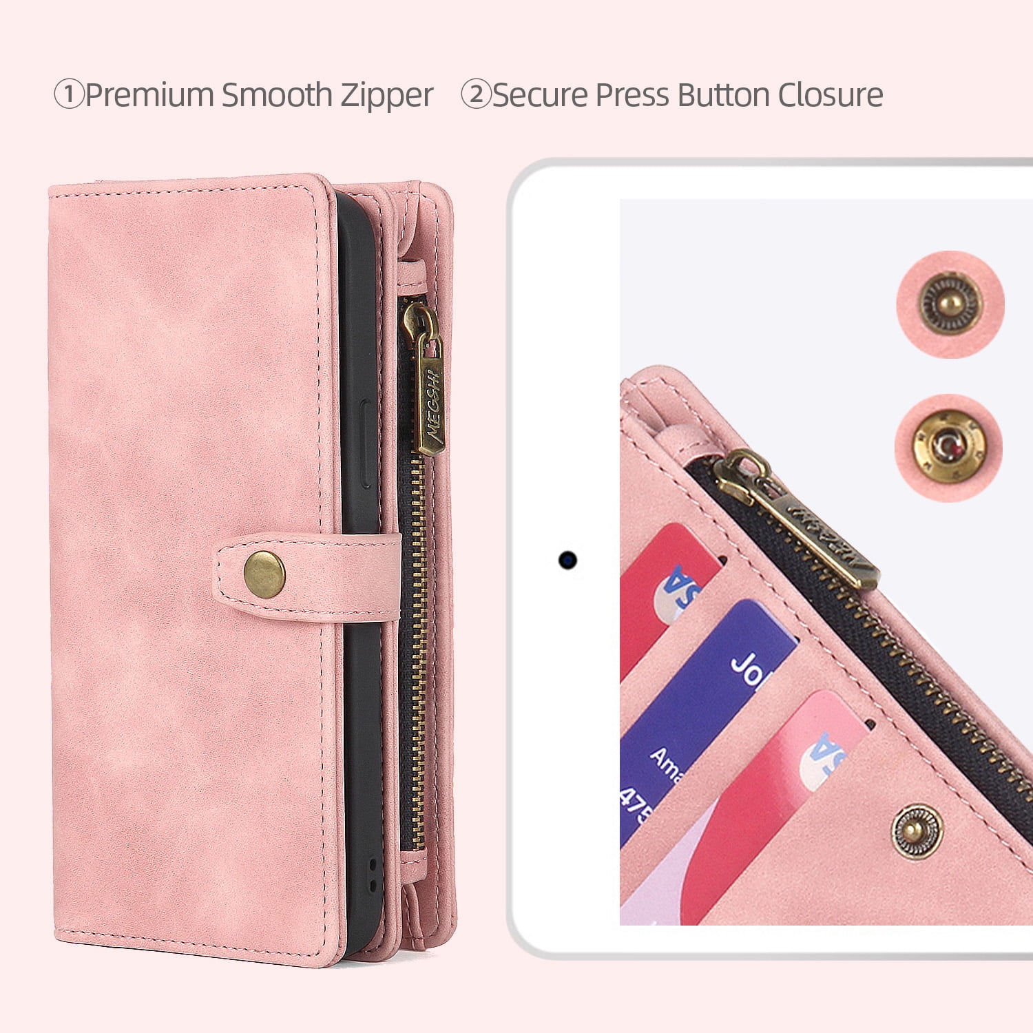 Dteck for Samsung Galaxy S23 FE Case, Samsung S23 FE Case Wallet for Women Men, Durable PU Leather Magnetic Flip Lanyard Strap Wristlet Zipper Card Holder Phone Cases for Galaxy S23 FE 5G,Pink