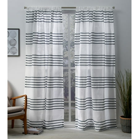 White Pleated Linen Exclusive Home Curtains 2 Pack Monet Pleated Sheer Linen Cabana Stripe Rod Pocket Curtain Panels ()
