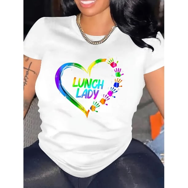 Camiseta de mujer Ropa de verano básicaWomen's "Lunch Lady" Heart Print T-Shirt - Casual Black Short Sleeve Tee with Colorful Hand-Drawn Design, Comfortable Polyester Blend, Round Neck, Perfect for