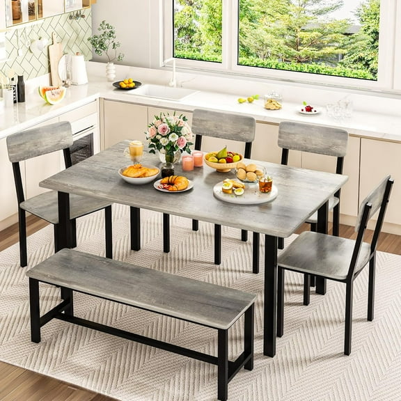 Baxluxe Large Dining Table Set for 6, Rectangular Kitchen Table with 4 Backrest Chairs & Bench, 6 Pieces Space Saving Dining Room Set for Home, Apartment, Breakfast Nook, Farmhouse, Gray