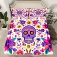 thumbnail image 2 of Manfei Teens Hippie Skeleton Twin Sheet Sets, Bohemian Flower Floral Twin Fitted Sheet, Western Theme Flat Sheet, Microfiber Bedroom Decor, 3 Pieces, 2 of 7