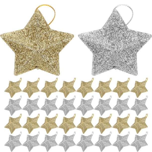 60 estrellas brillantes para árbol de Navidad: adornos colgantes de estrella de cinco puntas con purpurina para árbol de Navidad - Adorno navideño dorado y plateado