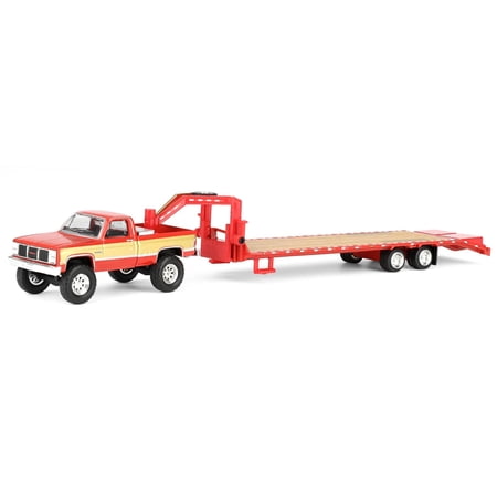 Greenlight 1/64 1987 Lifted GMC K2500 Pickup Truck with Toolbox & Gooseneck Flatbed Trailer, Red & Gold 51653-B