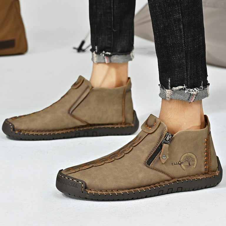 Mens Hand Stitched Leather Shoes Vintage Wide Ankle Boots  display picture 1