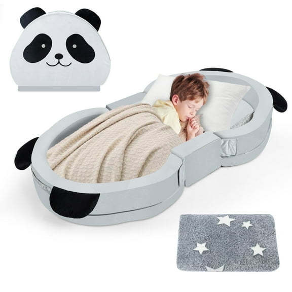 Foldable Toddler Travel Bed, Portable Floor Bed for Kids with Washable Cover, Toddler Cots for Sleeping with Adorable Panda Design, No Assembly Required, Easy to Carry, Gray
