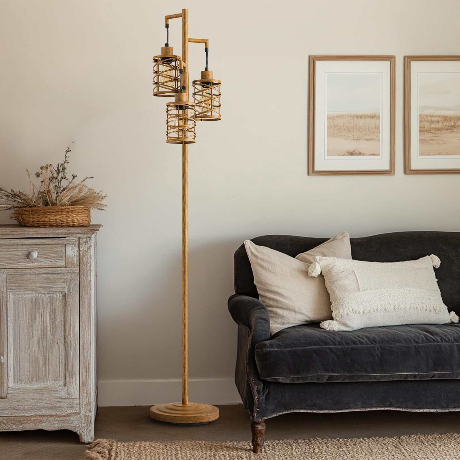 70" Industrial Floor Lamp with Stepless Dimming, 3 Teal Glass Bulbs Included for Living Room