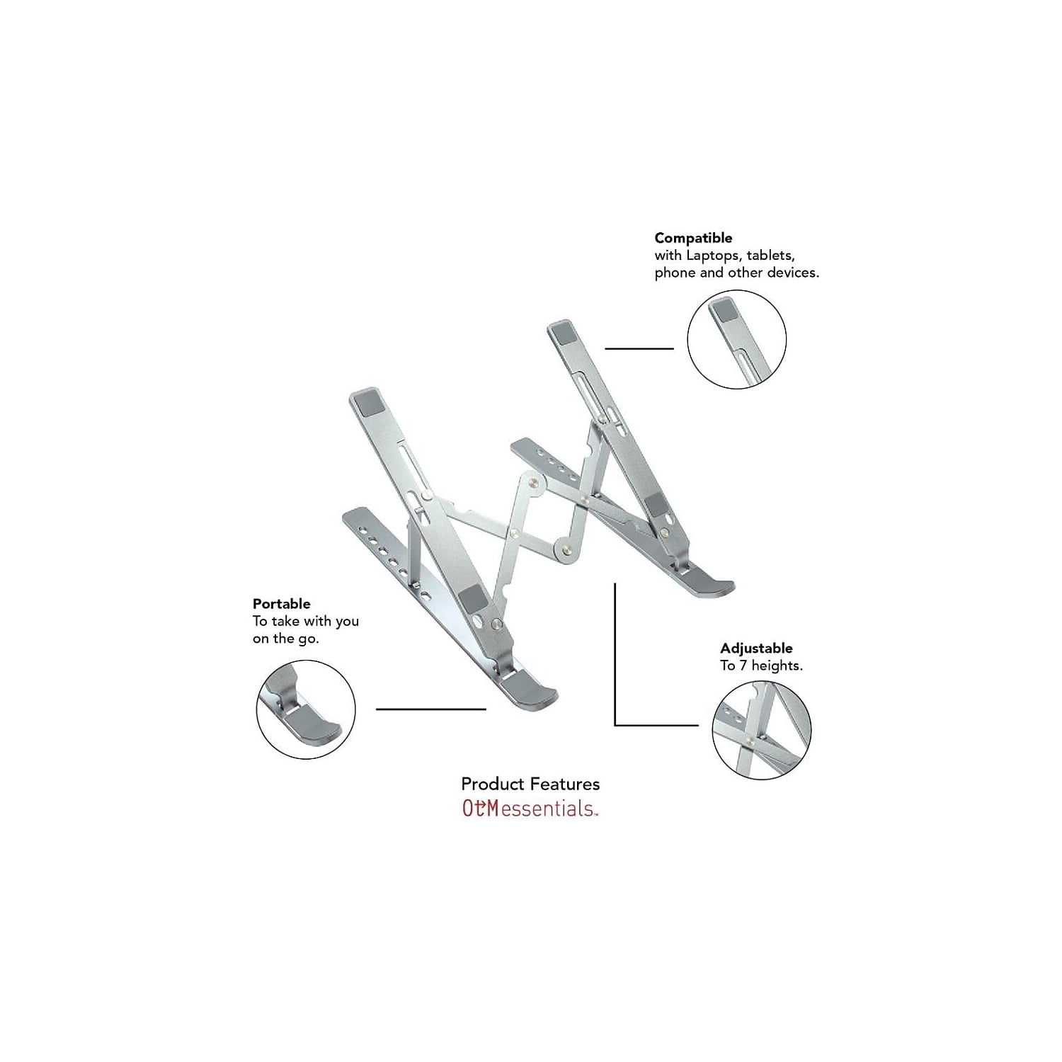 Centon Electronics OBA2E Portable Laptop Riser Stand, 11.85" X 2.5" To 5.5", Silver