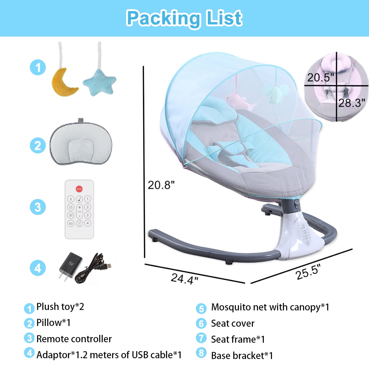 BEJOLO Electric Baby Swing for Infants, Portable Baby Bouncer with Remote Control,bluetooth Music, Blue