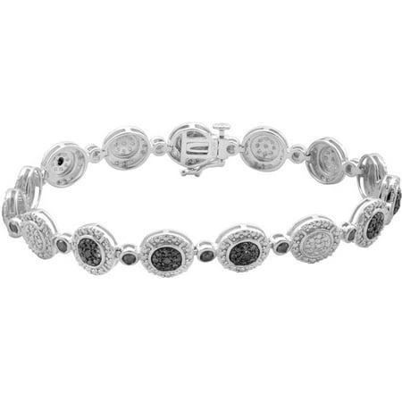 1/4 Carat T.W. Black Princess Diamond Round Frame Sterling Silver Fashion Bracelet, 7