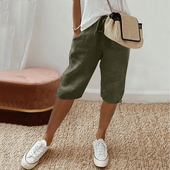 Plus Size Bermuda Shorts for Women Knee Length Cotton Linen Elastic Waist Drawstring Shorts Summer Loose Pant Army Green 2XL