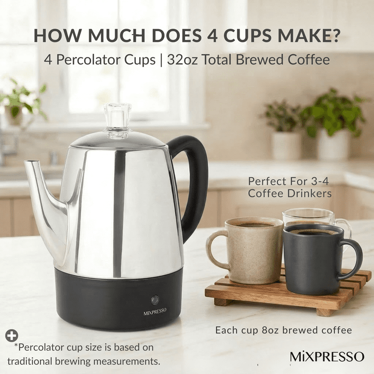 Mixpresso Small Percolator Coffee Pot Electric 4 Cup, Stainless Steel Coffee Maker, Coffee Percolator Electric With Keep
