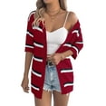 thumbnail image 2 of Women Open Front Knitted Crochet Cardigan Short Sleeve Sweater Casual Loose Comfy Light-Weight Kimonos Top Wine Red L, 2 of 9