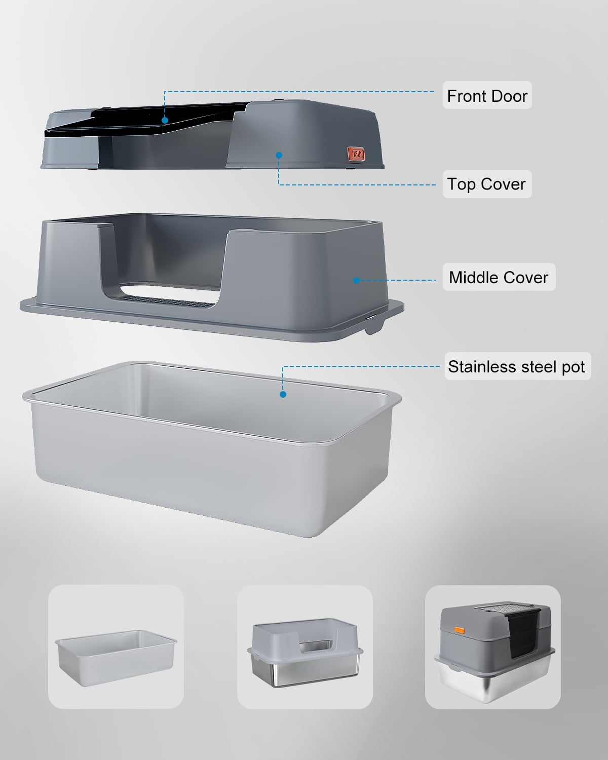 Stainless Steel Litter Box, XL Side Entry Extra Large Litter Box with Lid for Big Cats & Kitty, Removable Enclosed Metal Cat Pan with High Sided Enclosure, Scoop, Mat, Footboard (Black)