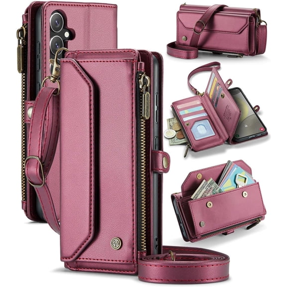 Wallet Case Compatible with Samsung Galaxy S24 Plus 6.7" RFID Blocking 10-Card Holder PU Leather Magnetic Snap Shoulder Strap Zipper Pocket Phone Case Fit for Samsung Galaxy S24 Plus