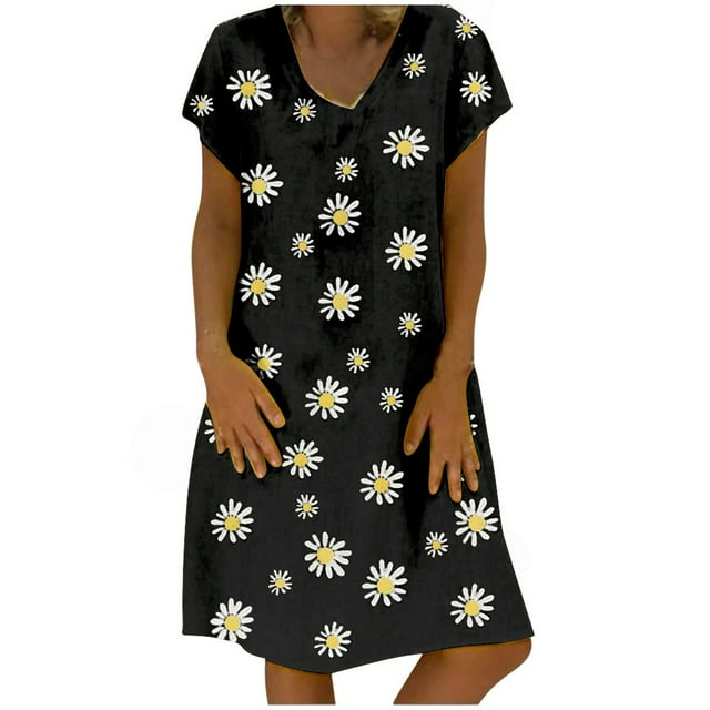 WTXUE Robe Fleurie pour Femmes, Manches Longueur Genou Imprimée Marguerite Ample Plus Courte Décontractée Taille Femme Robe à Col en V Robe pour Femmes, Robes Petite pour Femmes, Noir P