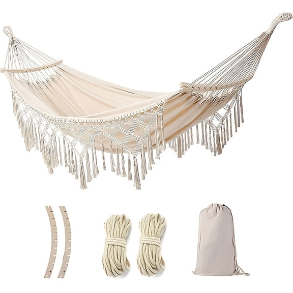 Double Hammock for 2 People - 78.74x59.06 Inch Extra Large Bohemian Fringe Hammock Bed with Carry Bag - Indoor/Outdoor Use
