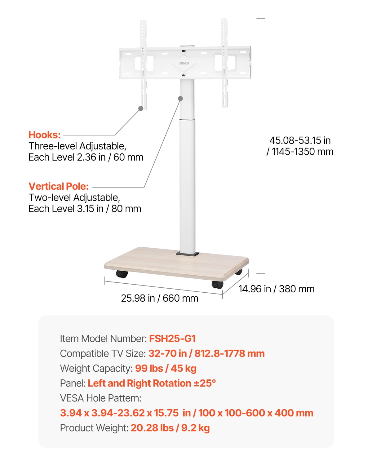 VEVOR Rolling TV Stand, Mobile TV Cart for 32-70 Inch Screens, 25° Left-Right Rotation and Height Adjustable TV Mount on Wheels, Holds up to 99 lbs for Corner, Bedroom, Outdoor, Max VESA 600x400mm