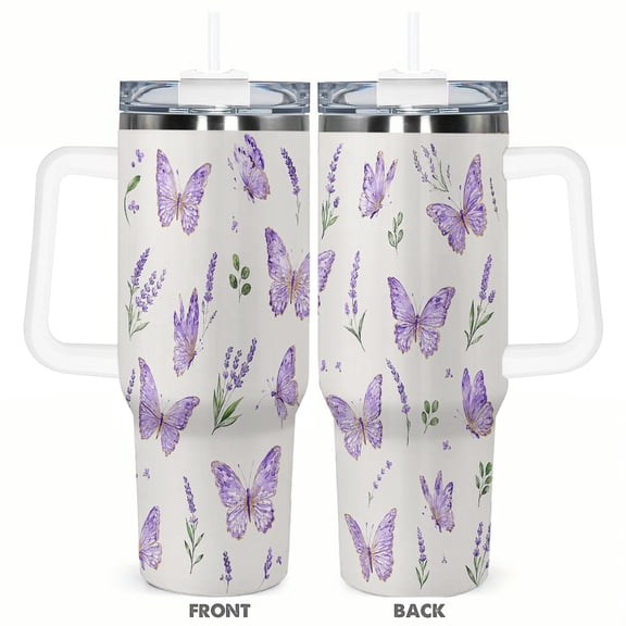 40oz Purple Butterfly Lavender Travel Tumbler with Handle and Straw Lid Floral Insulated Car Coffee Cup Gift for Women