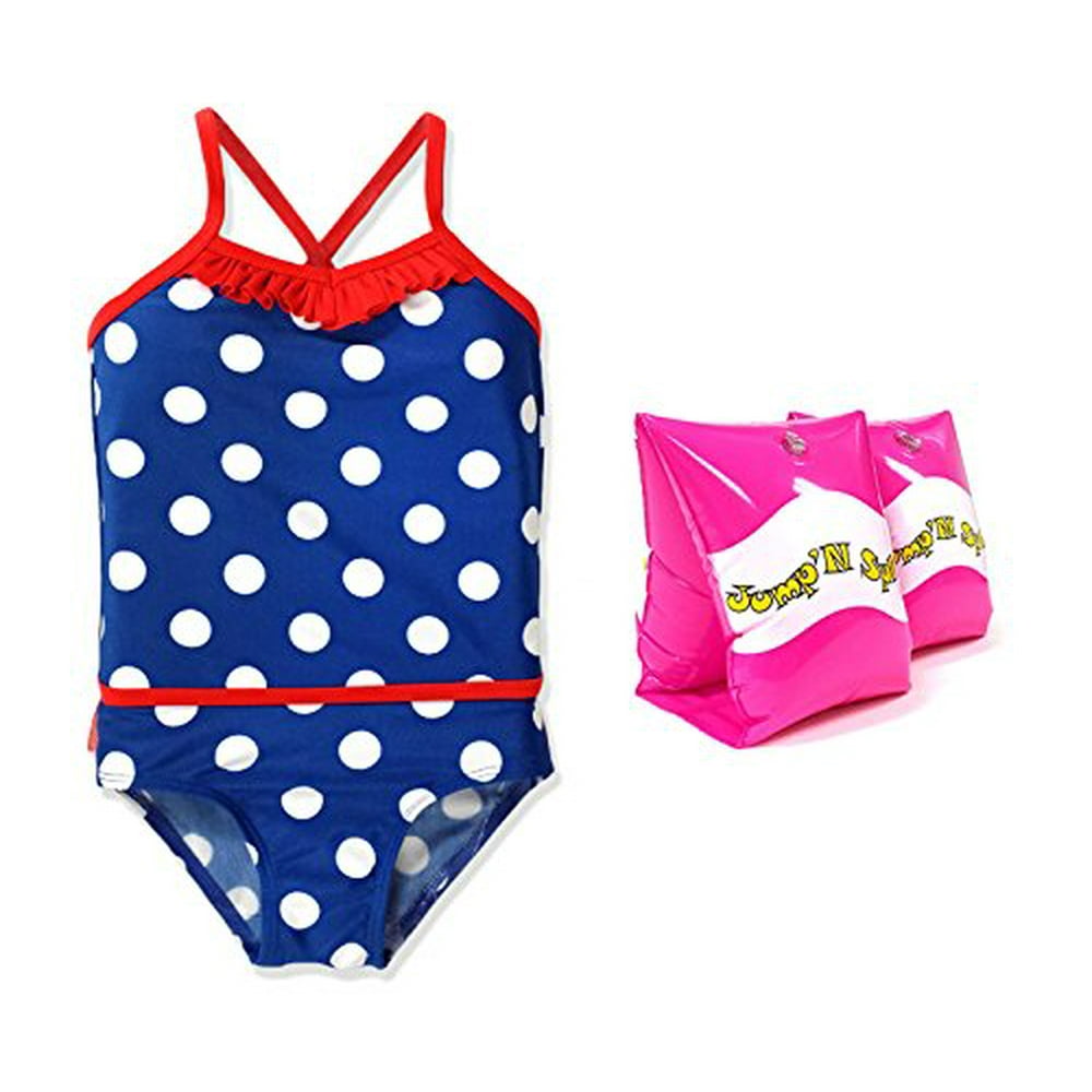 Jump N Splash Girls Swimsuit Bathing Suit Baby Blue White Polka Dot 2