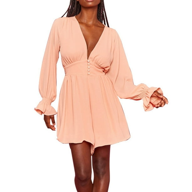 Mono de manga larga con piernas anchas y cintura alta con mangas acampanadas en V profundo y temperamento a la moda para mujer Pompotops hdfakjf7005