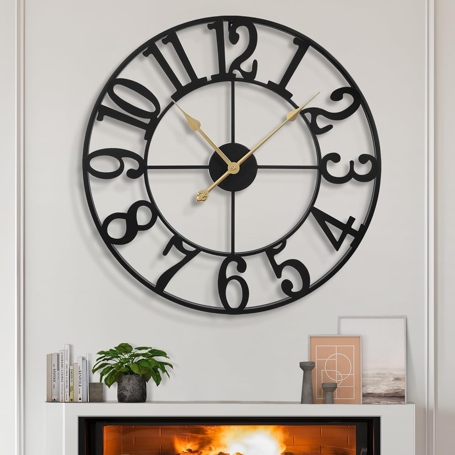 AP Large Wall Clocks,Silent,Non Ticking,Battery Operated Big Retro Round Modern Metal Wall Clock for Living Room, Bedroom,Dinning Room,Farmhouse,Office,Home Decor-20 Inch(Black-Arabic Number)